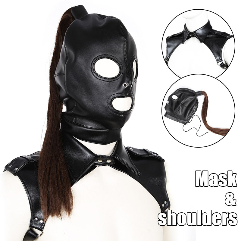 Latex Unisex Hood Mask - Sexy PU Leather Masks for Men & Women - Cosplay Flirting Hair Ponytail Chest Belt Headgear