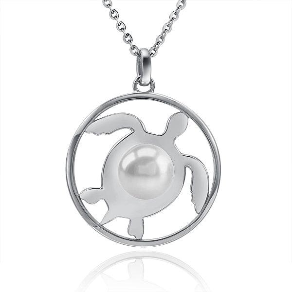 Pearl Honu Medallion Pendant - 925 Sterling Silver with Akoya, Freshwater, or Tahitian Pearl