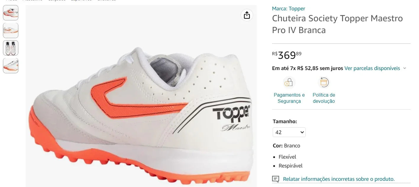 Chuteira Society Topper Maestro Pro IV Branca - Size 42BR (DDP)