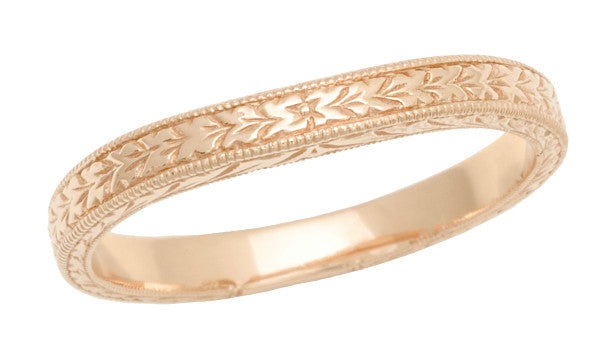 Art Deco Curved Engraved Wheat Wedding Band in 14K Rose Gold