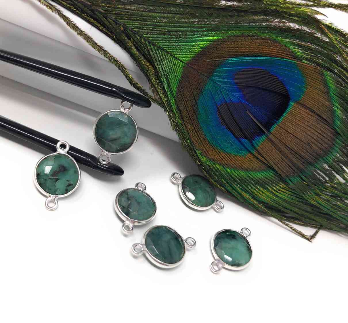 8 Pcs Natural Emerald Gemstone Connector, May Birthstone Sterling Silver Connectors, Wholesale DIY Jewelry Making Supplies, 18mmx12mm