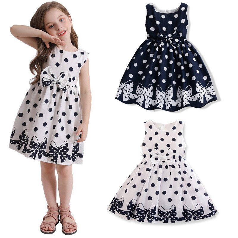 Girls Summer Dress with Bowknot Belt - Soft Cotton Polka Dot Casual Wear for Ages 3-8