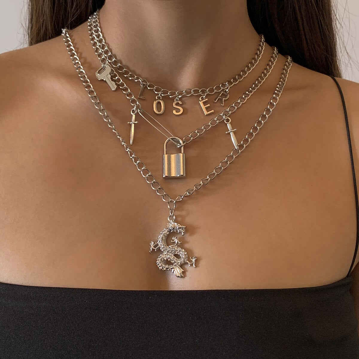 Punk Gothic Crystal Dragon Padlock Pendant Necklace for Women & Men - Gold/Silver Trendy Jewelry