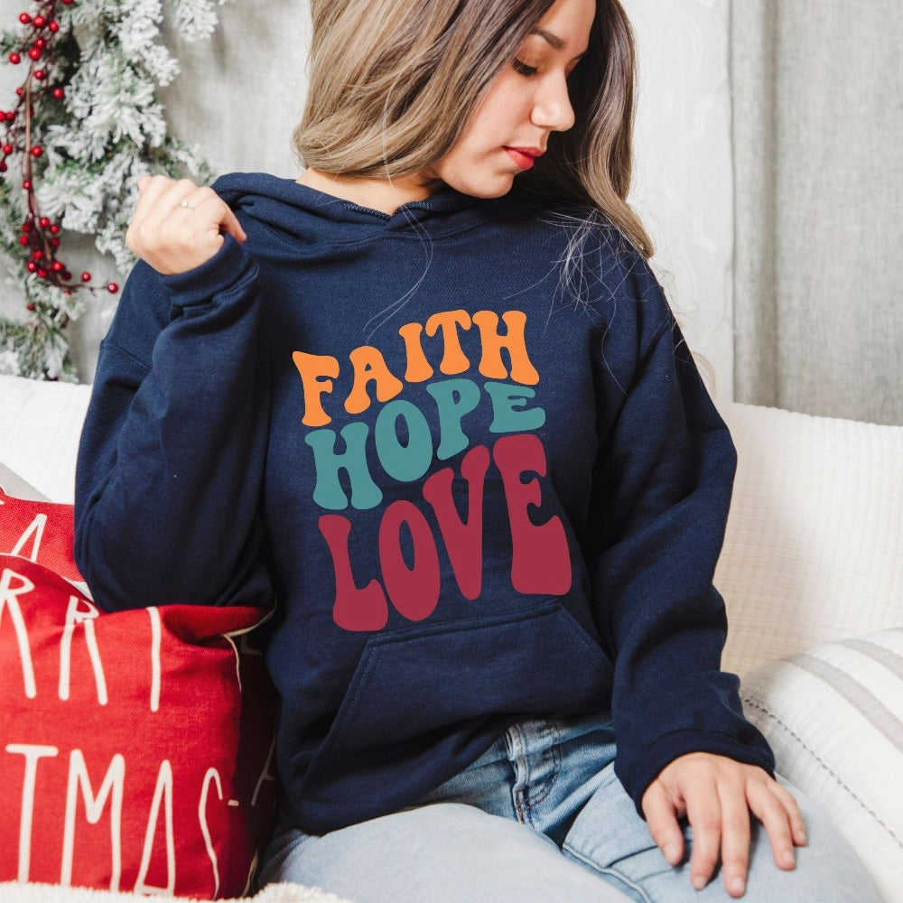 Faith Hope Love Retro Hoodie - Christian Gift Hoodie with Bible Verse