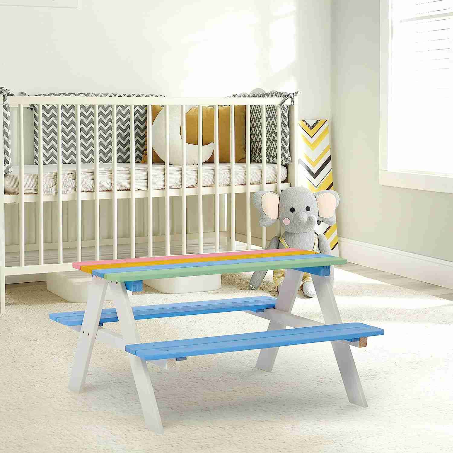 BTExpert Kids Picnic Table Bench for Outdoor, Wooden Table Chair Set for Kids Activity and Sensory Play - Multicolor