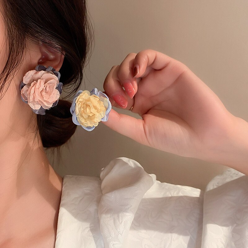 Korea Design Sweet Colorful Cloth Flower Earrings for Women