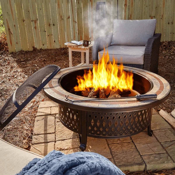 Sunjoy 40 in. Outdoor Fire Pit with Ceramic Tile Table Top and Fire Poker