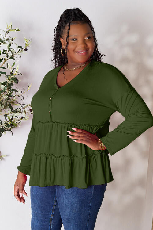Playful Beauty Half Button Long Sleeve Ruffle Hem Top