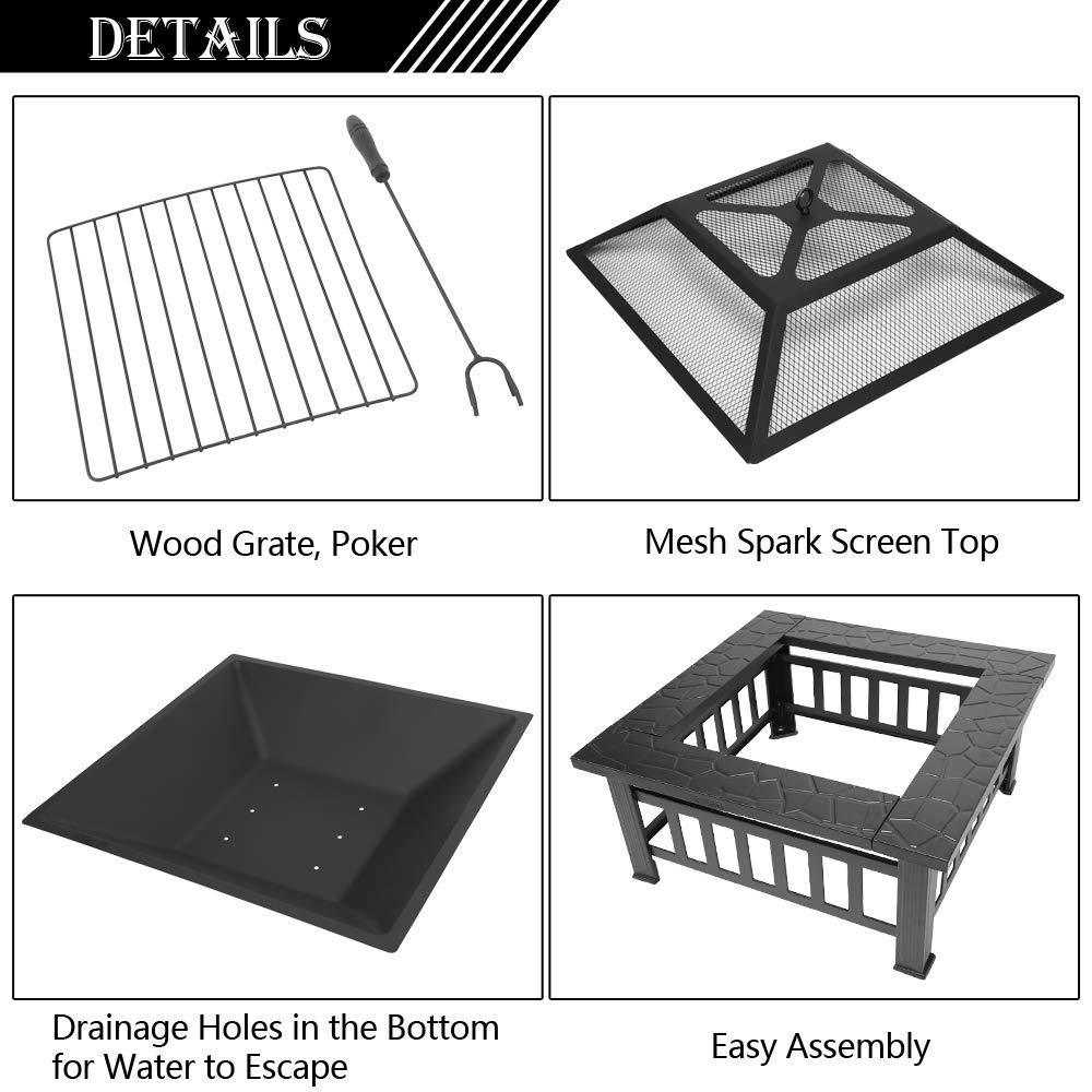 Bonnlo 32” Outdoor Wood Burning Fire Pit Table with Mesh Spark Screen and Poker