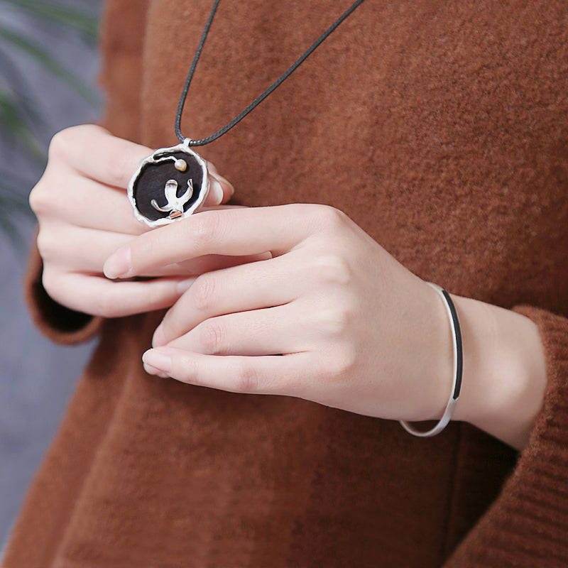 Handmade Ebony and Pearl Pendant Long Necklace - Unique Jewelry for Women & Men