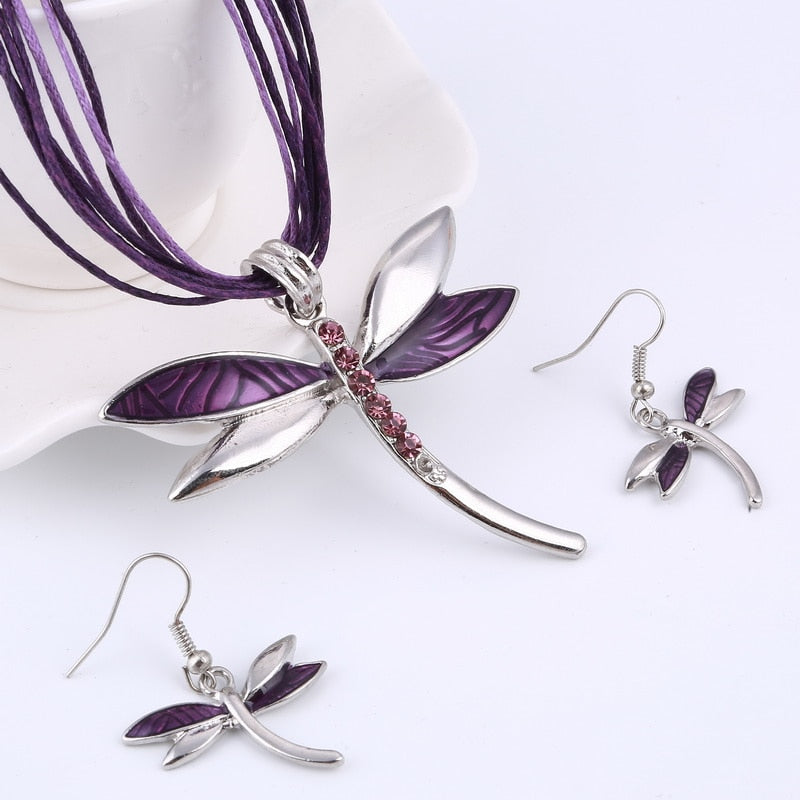 ZOSHI Leather Rope Jewelry Sets For Women - Enamel Dragonfly Pendant Necklace Earrings Sets