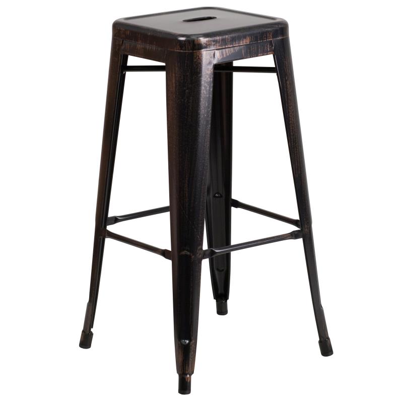 Flash Furniture Ormsby Commercial Grade 24 Round Black-Antique Gold Metal Indoor-Outdoor Bar Table Set with 4 Square Seat Backless Stools