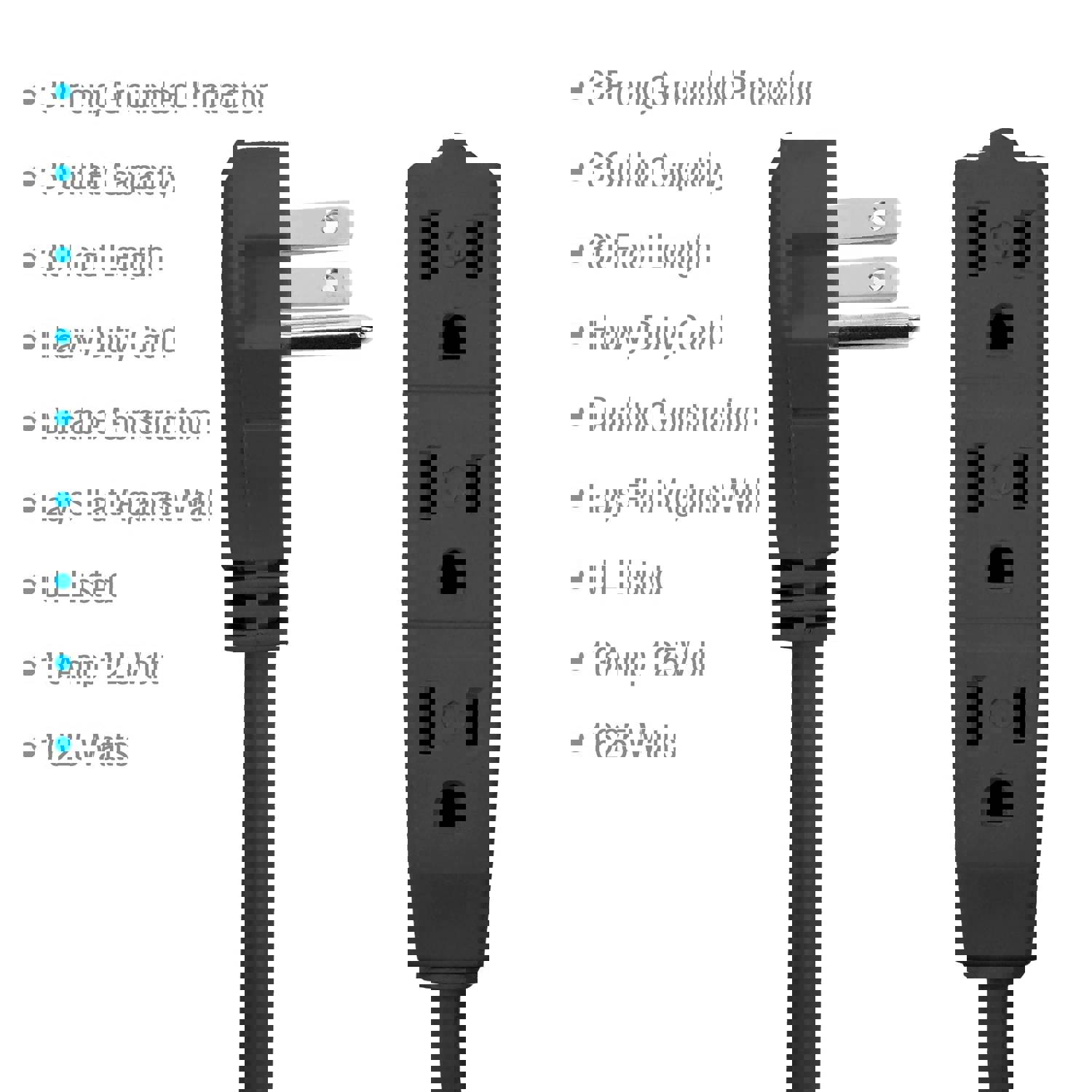 Bindmaster Flat Multiple Outlet Extension Cord 25 Ft - UL-Listed 3-Prong Multi Extension Wire
