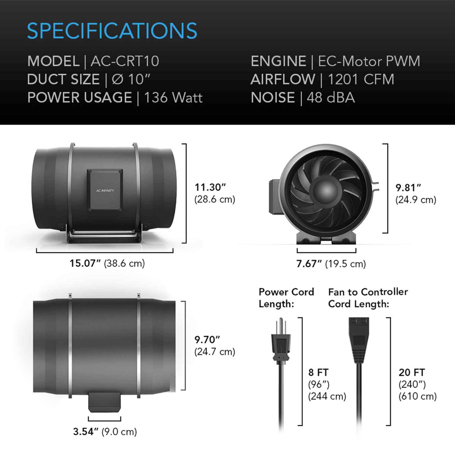 AC Infinity CLOUDWAY T10 Whole House EC Fan - 1200 CFM with Smart Temperature & Humidity Controller