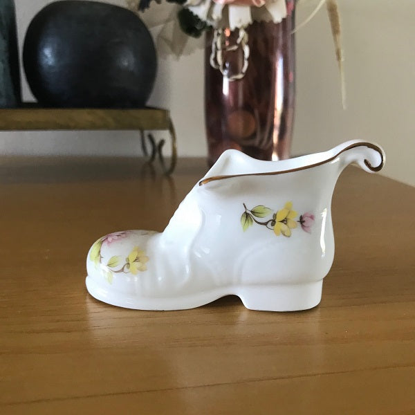 Porcelain White Boot Shoe with Pink and Yellow Floral Design