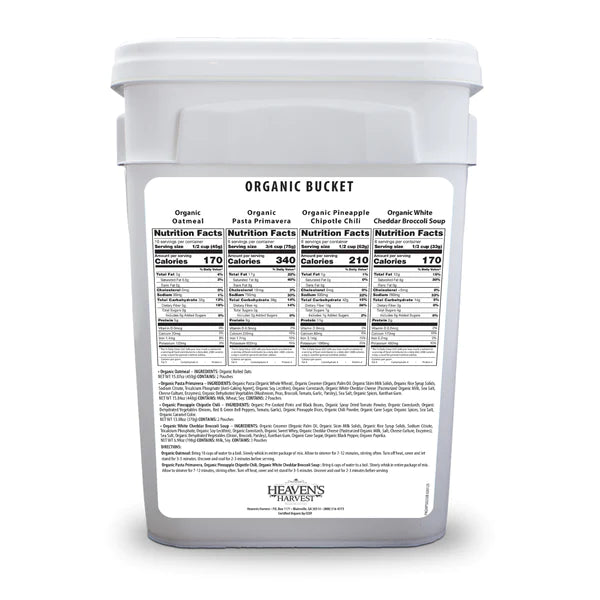 Organic Emergency Survival Food Bucket Kit [62 Servings] - Non-GMO & Made in USA