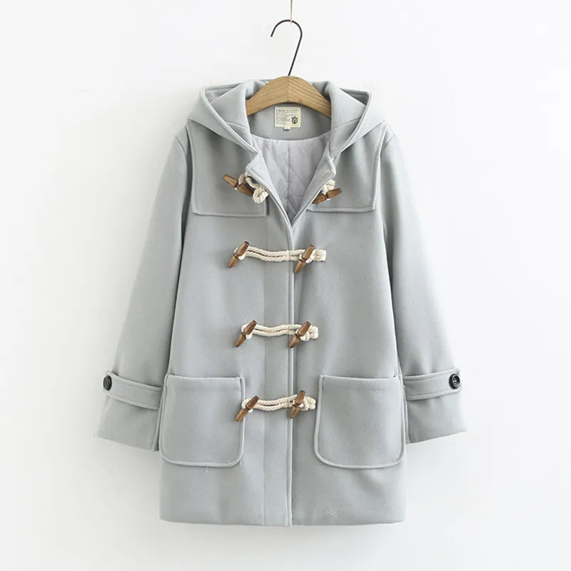 Nukty Double Row Horn Buckle Hooded Coat for Women - Autumn/Winter Casual Thicken Button Jacket