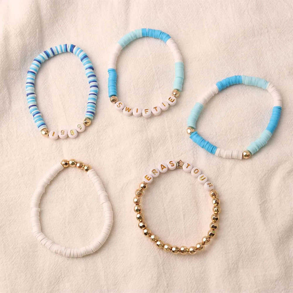 Set of 5Pcs Taylor Inspired Beaded Bracelets for Fans - Friendship Bracelets Gifts for Music Lovers (Blue)