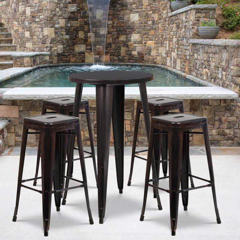 Flash Furniture Ormsby Commercial Grade 24 Round Black-Antique Gold Metal Indoor-Outdoor Bar Table Set with 4 Square Seat Backless Stools