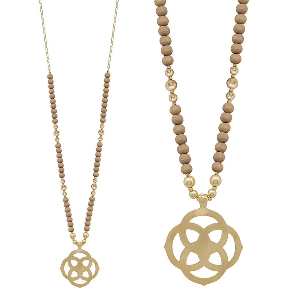 Flower Geometric Pendant Wood Bead Necklace - Black, Mocha, Multi