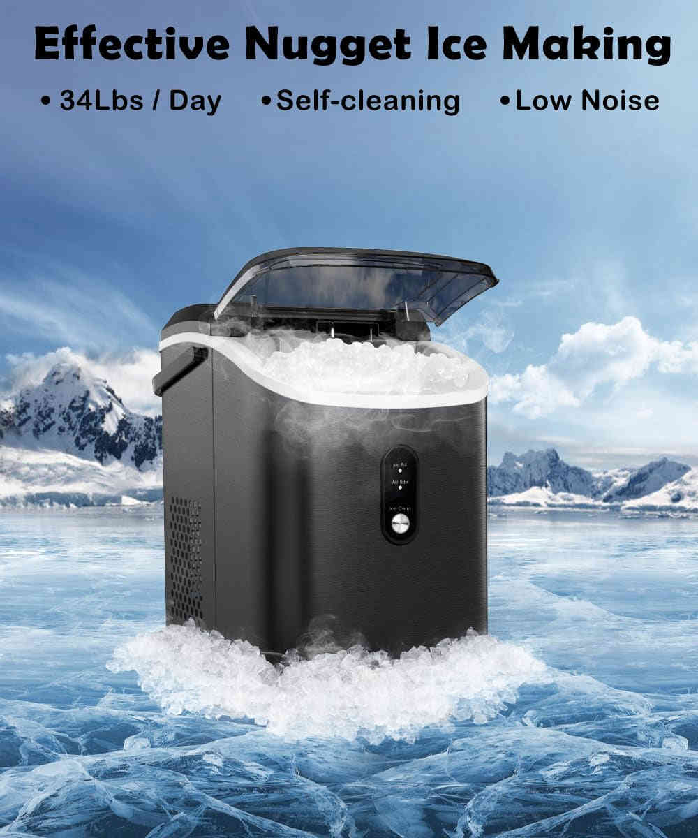 Countertop Nugget Ice Maker - Portable, Self-Cleaning, 34Lbs/Day, Stainless Steel Black