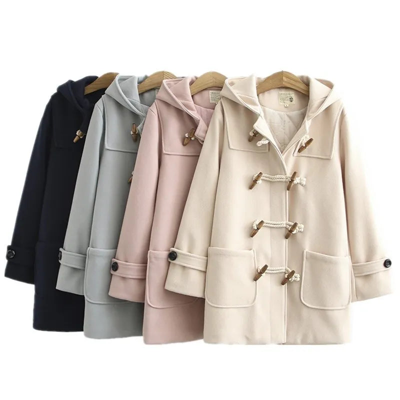 Nukty Double Row Horn Buckle Hooded Coat for Women - Autumn/Winter Casual Thicken Button Jacket