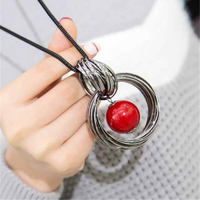 Ocean Red White Pearl Ball Pendant Long Necklace - Trendy Women's Fashion Jewelry