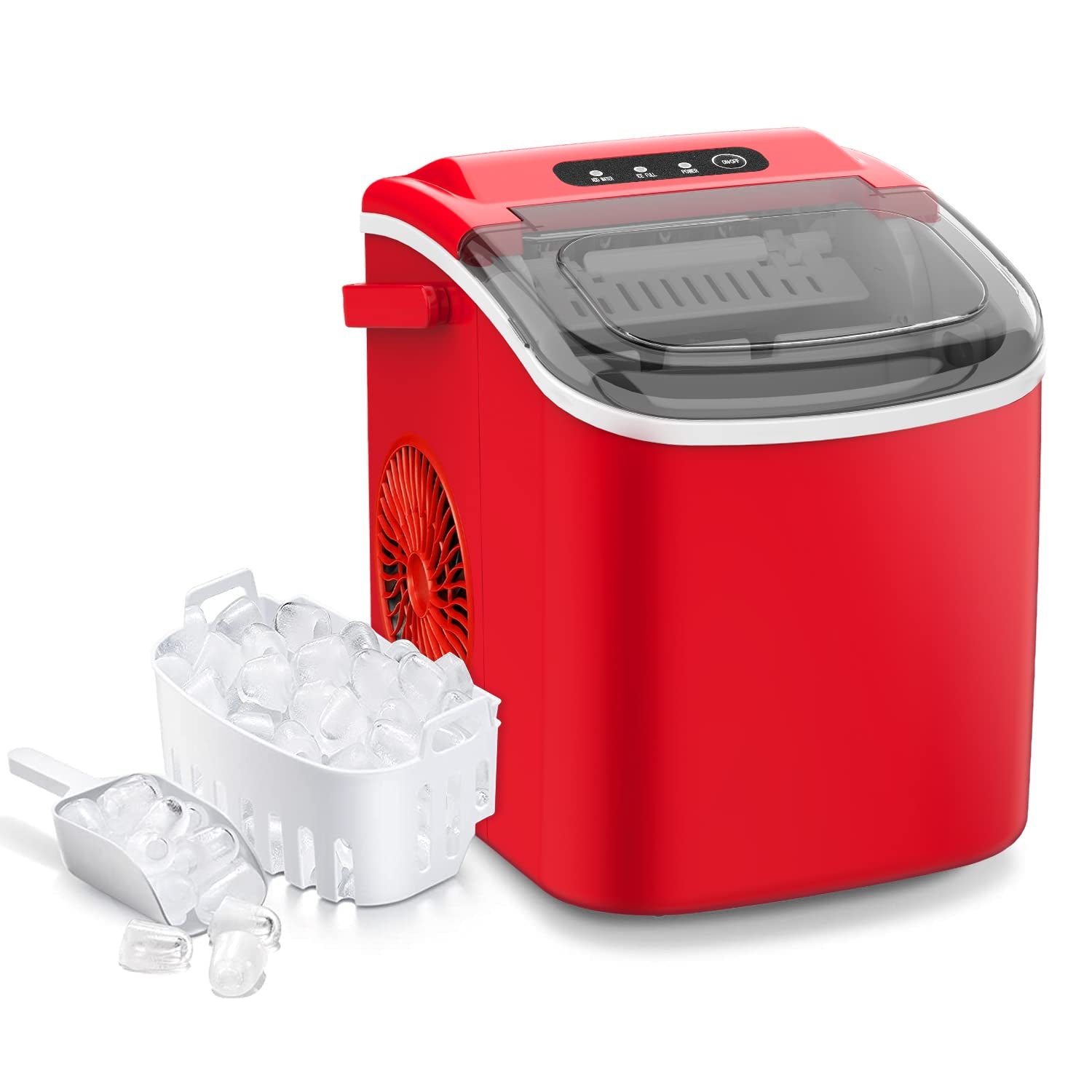 Joy Pebble Portable Ice Maker Machine, 26 Lbs/24H, Fast 6-Min Ice Making, Self-Cleaning, with Scoop & Basket (Red)