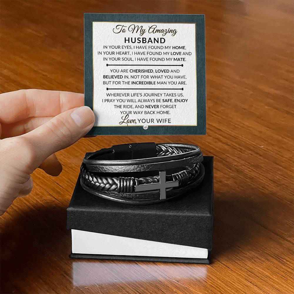 Romantic Husband Gift From Wife - Mens Braided Leather Bracelet with Cross
