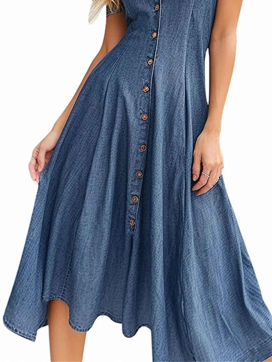 Elegant Casual Denim Dress with Turn-down Collar