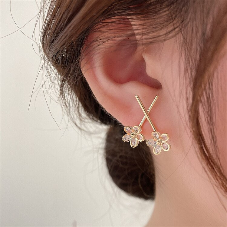Korea Design Jewelry Simple Cross Double Flower Earrings for Women