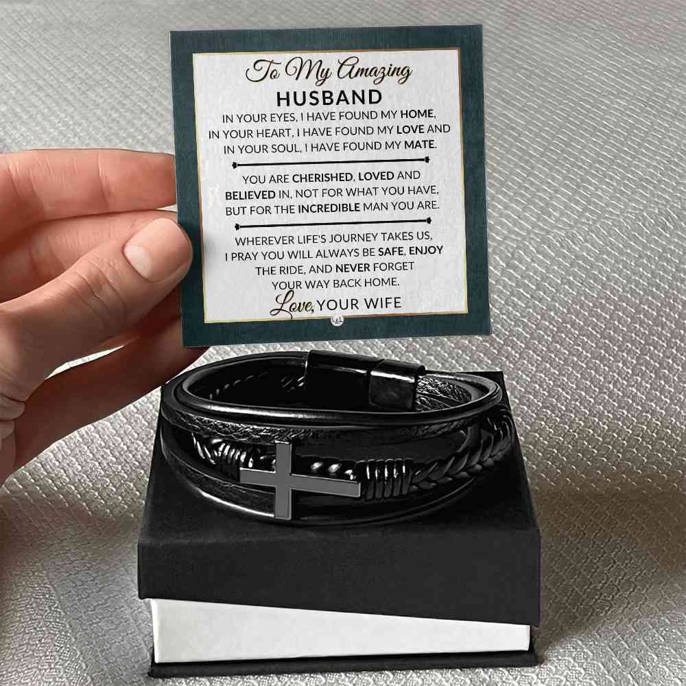 Romantic Husband Gift From Wife - Mens Braided Leather Bracelet with Cross