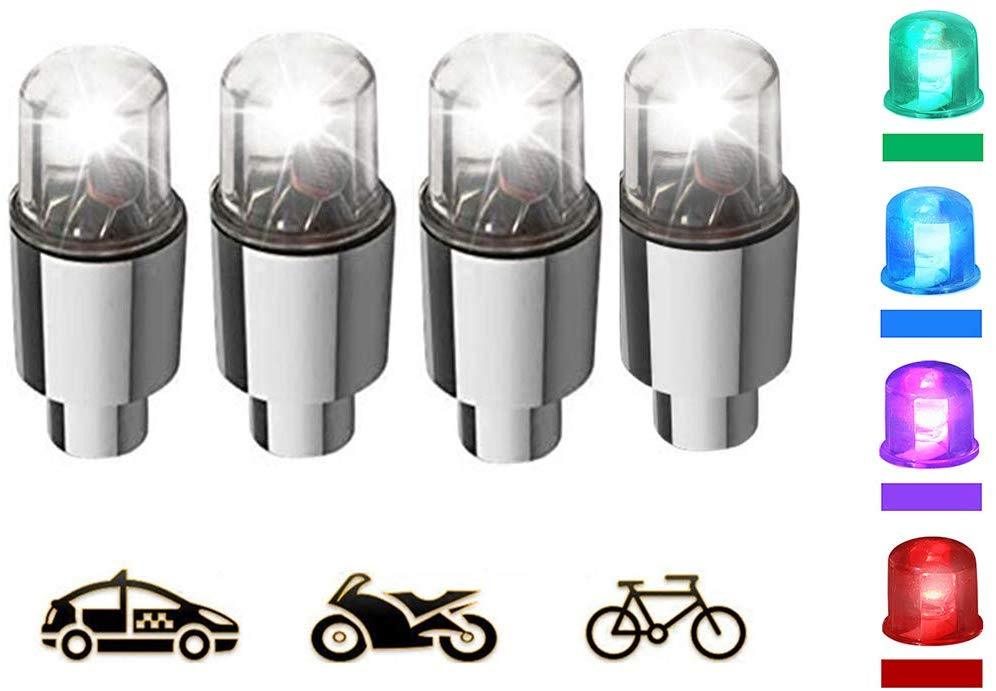 Gechiqno 4 Pair LED Wheel Lights - Car Bike Wheel Tire Tyre Valve Dust Cap, Safety, Waterproof, Motion Activated