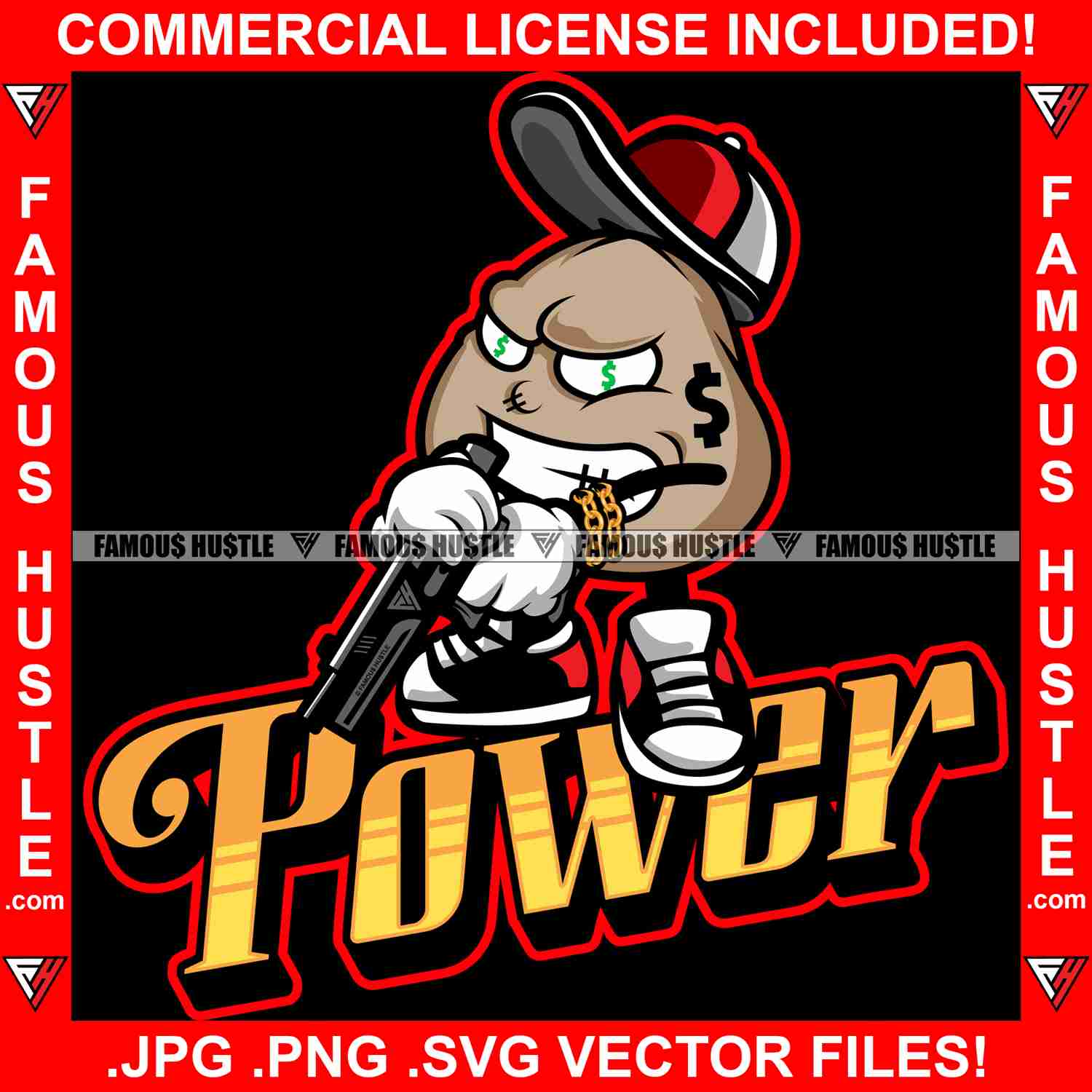 Power Cash Money Bag Dollar Sign Eyes Angry Face Cap Pistol Gun Sneakers Gold Jewelry Hip Hop Rap Graphic Design T-Shirt Print