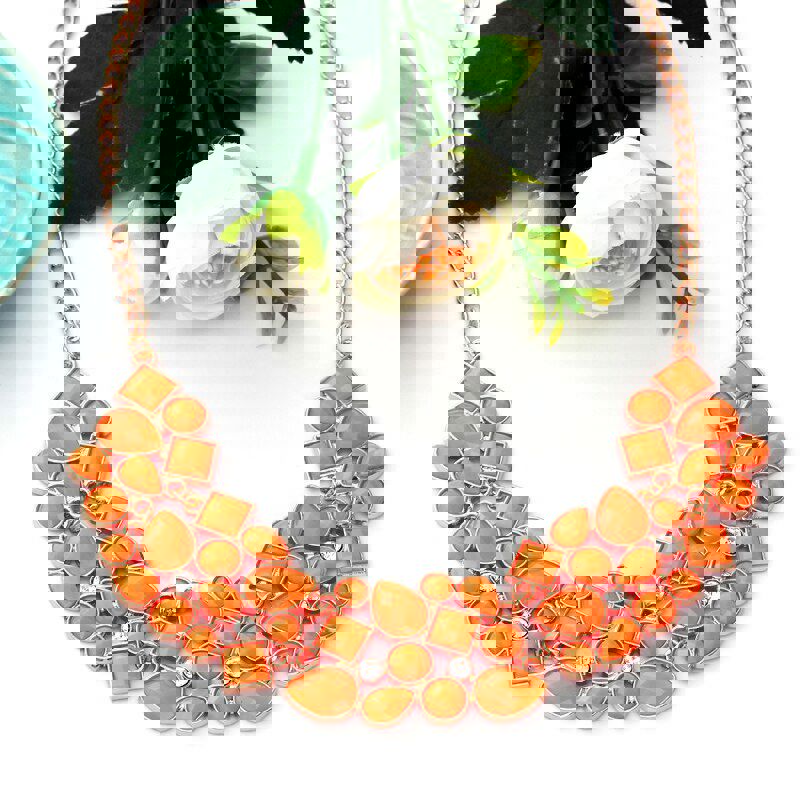 Exaggerated Geometric Mosaic Crystal Gold Chain Neon Orange Choker Necklace for Women