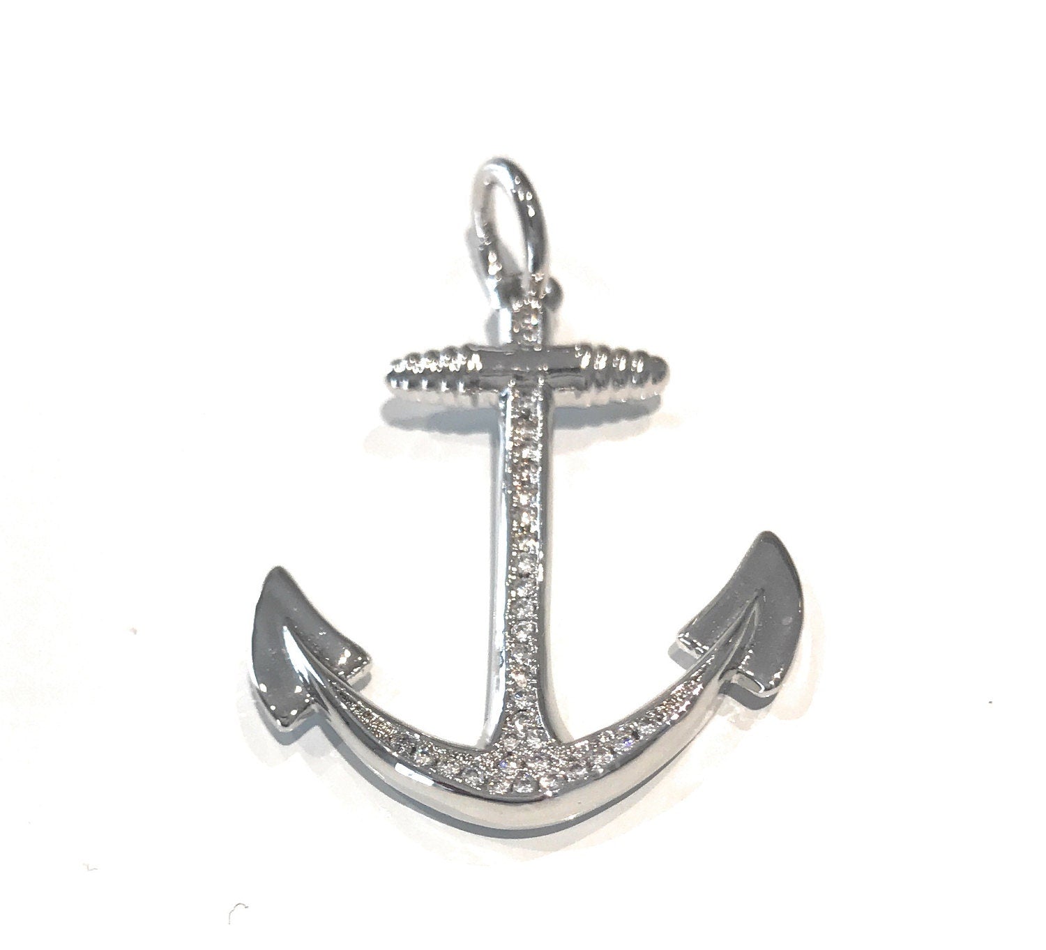 CZ Micro Pave Anchor Charm - Silver Plated DIY Jewelry Making Supplies