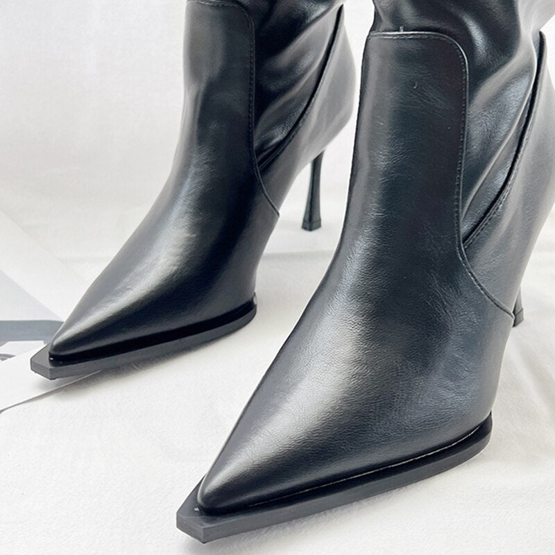 Pleated High Heels Knee High Boots for Women - 2023 Autumn PU Leather Pointed Toe Cowgirl Boots