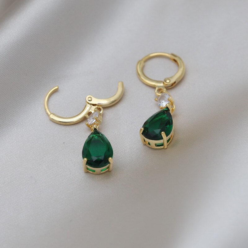 2022 Korea Design Green Crystal Water Drop Pendant Earrings for Women