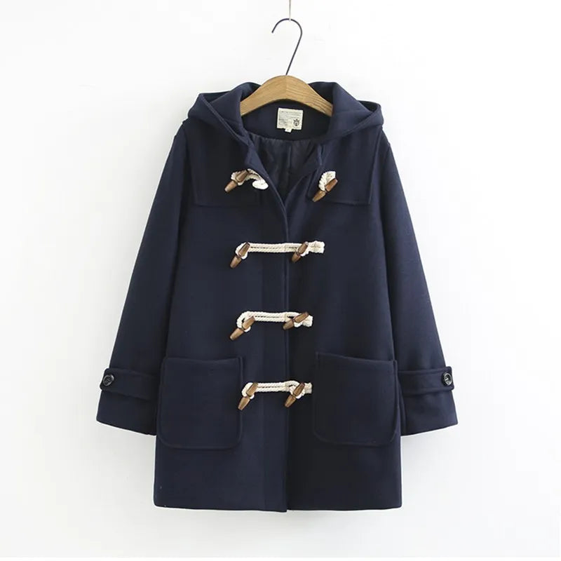 Nukty Double Row Horn Buckle Hooded Coat for Women - Autumn/Winter Casual Thicken Button Jacket