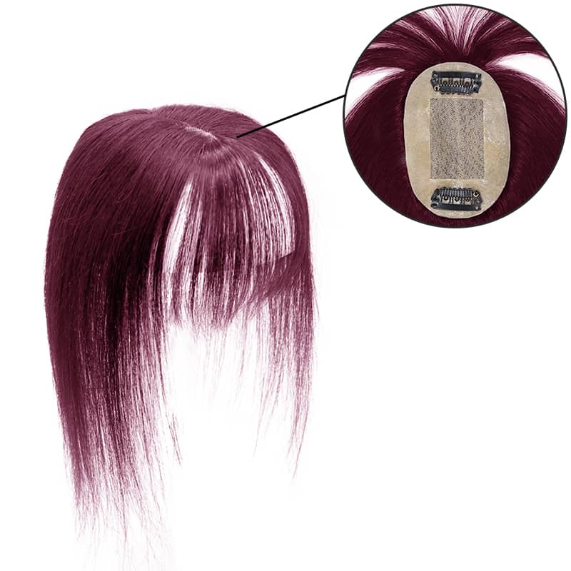 Daisy Human Hair Topper With Bang For Women Thinning Crown 6*9cm Silk Base Wine Red