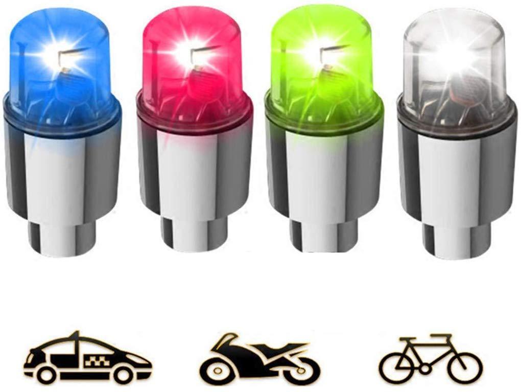 Gechiqno 4 Pair LED Wheel Lights - Car Bike Wheel Tire Tyre Valve Dust Cap, Safety, Waterproof, Motion Activated