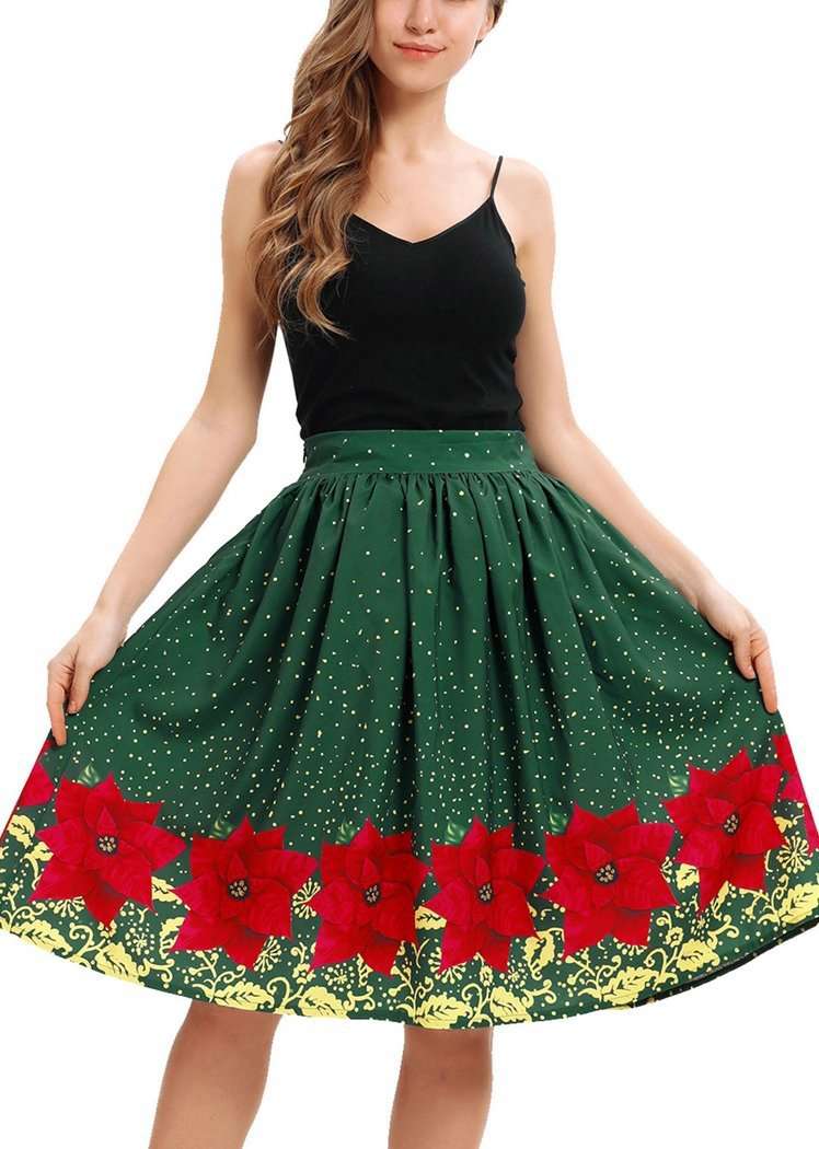 Fashion Christmas Flower Print Dots Christmas Skirts To Knee For Women