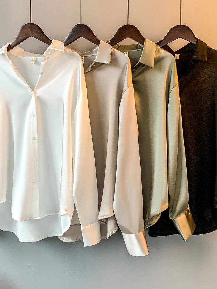 Nukty Elegant Office Lady Sheer Long Sleeve Satin Blouse