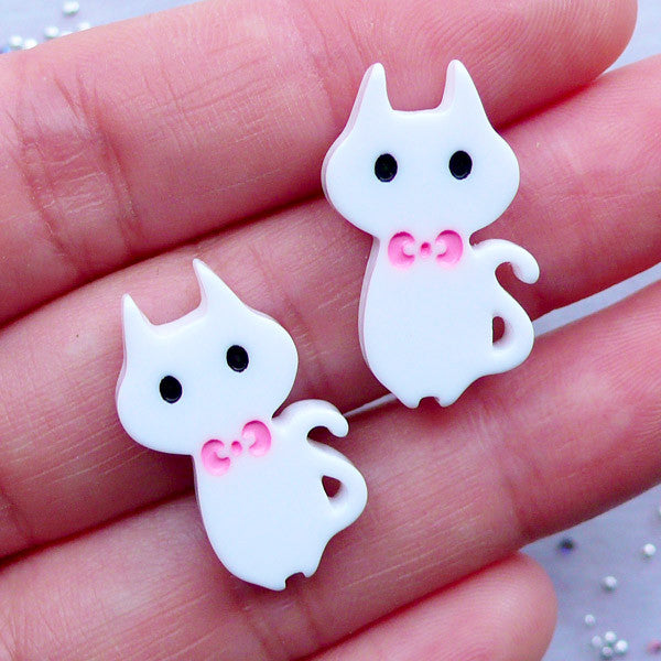 Kitty Cat Cabochons - Kawaii Kitten Resin Embellishments for DIY Crafts (2pcs, White, 14mm x 23mm)