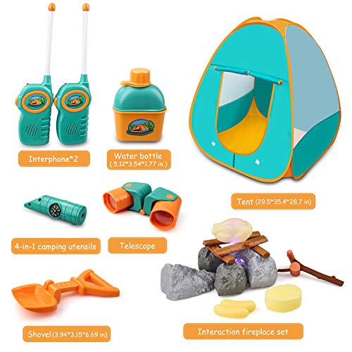 GrowthPic Kids Play Tent, Pretend Play Camping Tool Set with Campfire, Telescope, Walkie Talkies for Indoor Outdoor Activities