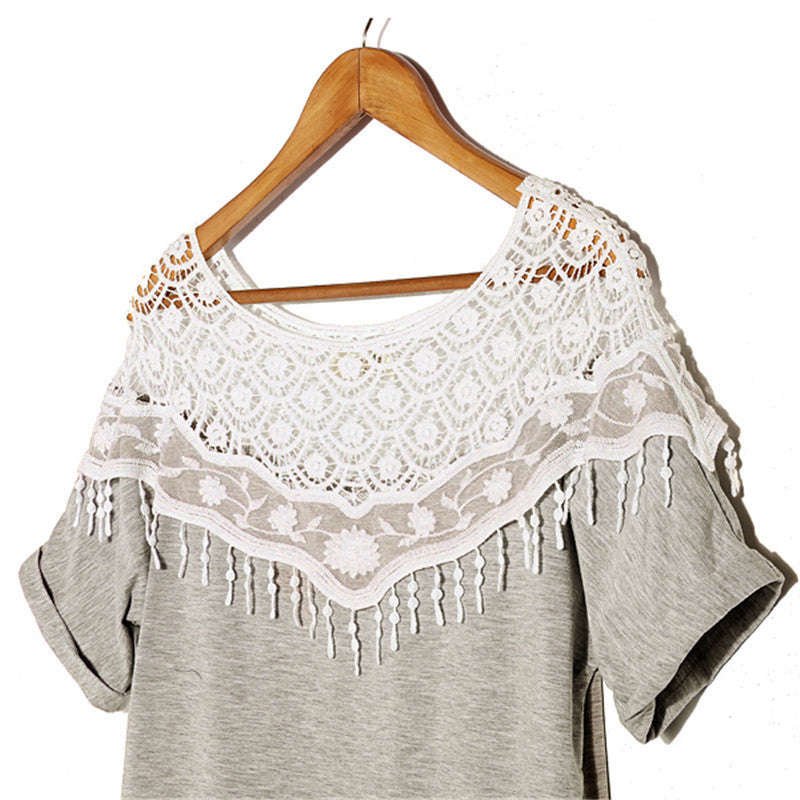 Women's Fashion Summer Blouse - Hollow Crochet Lace Top with Shawl Collar