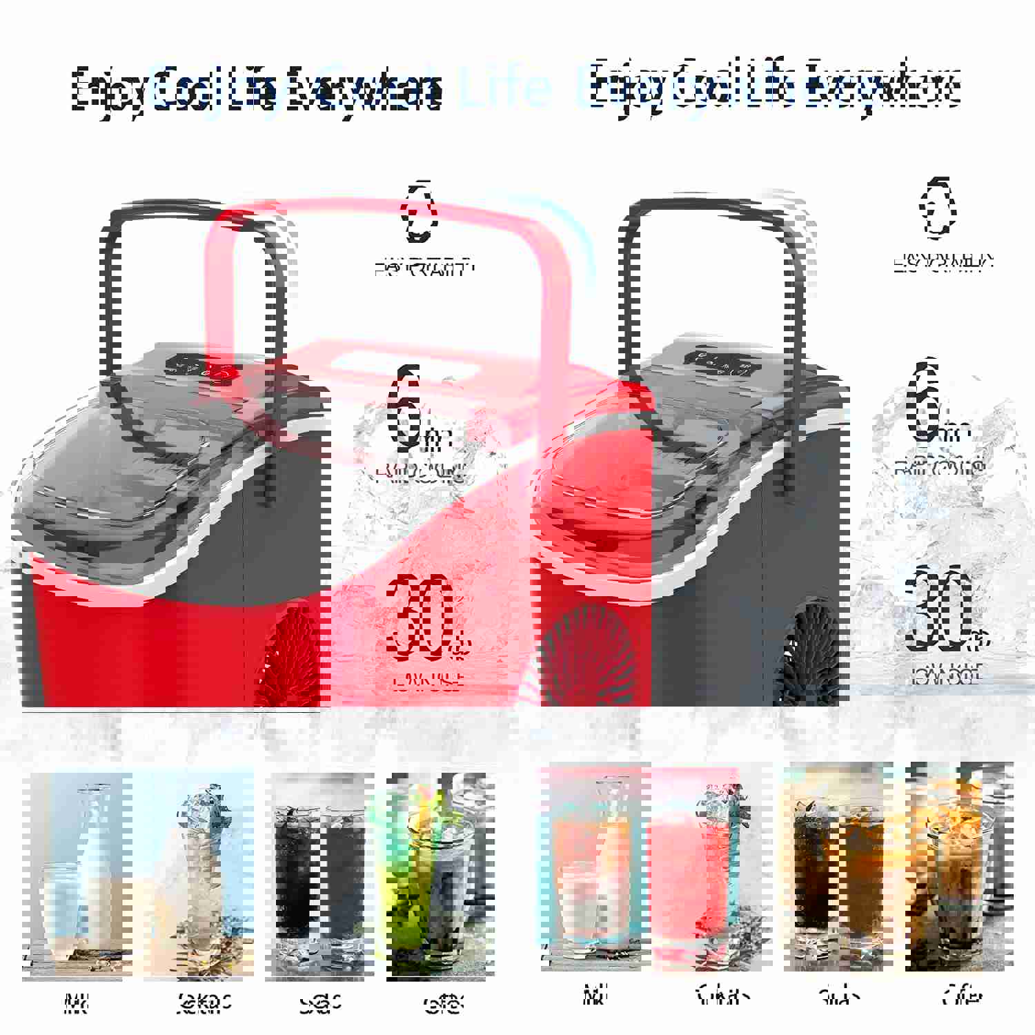 Joy Pebble Portable Ice Maker Machine, 26 Lbs/24H, Fast 6-Min Ice Making, Self-Cleaning, with Scoop & Basket (Red)