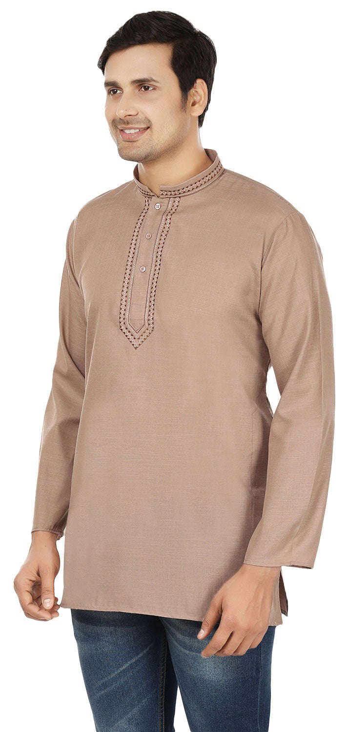 Indian Embroidered Cotton Short Kurta for Men - Brown