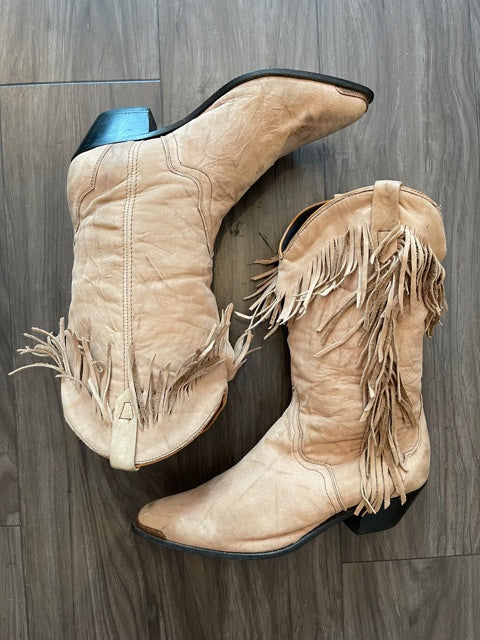 Vintage Beige Fringe Cowboy Boots - 1970's Leather Upper, Size 7-8