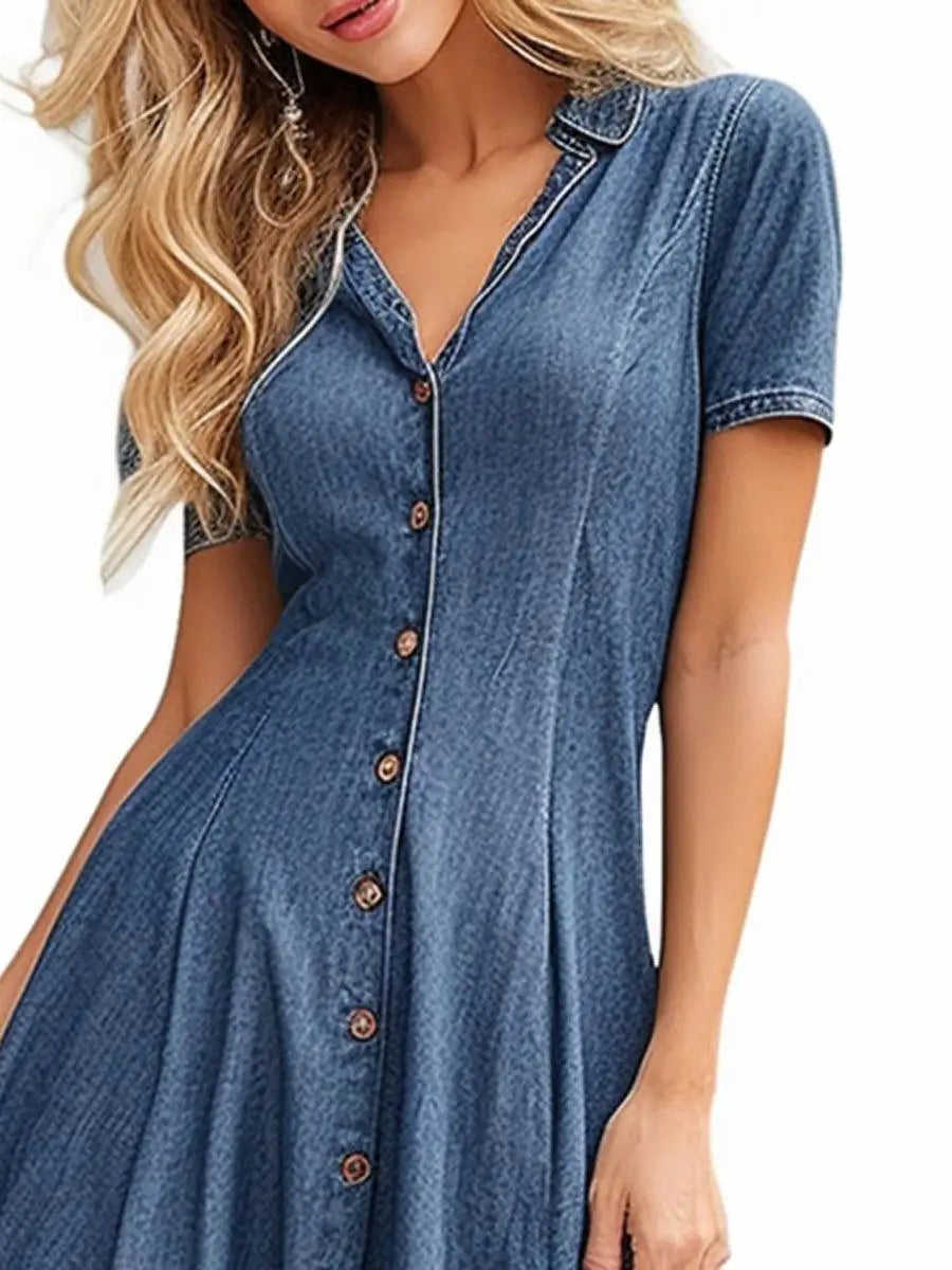 Elegant Casual Denim Dress with Turn-down Collar